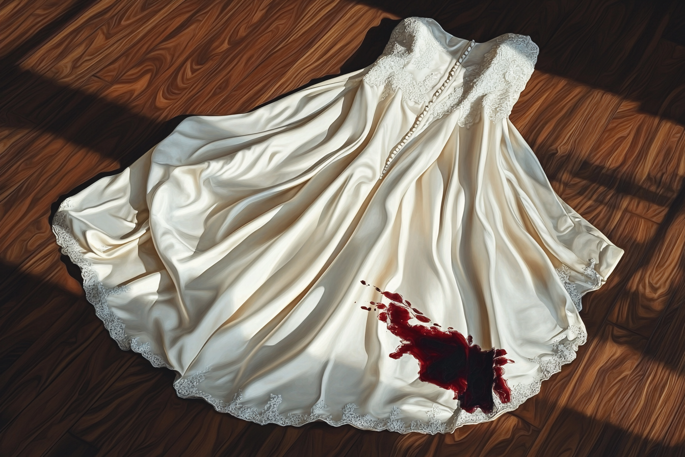 A wine-stained wedding dress lying on the floor | Source: Midjourney