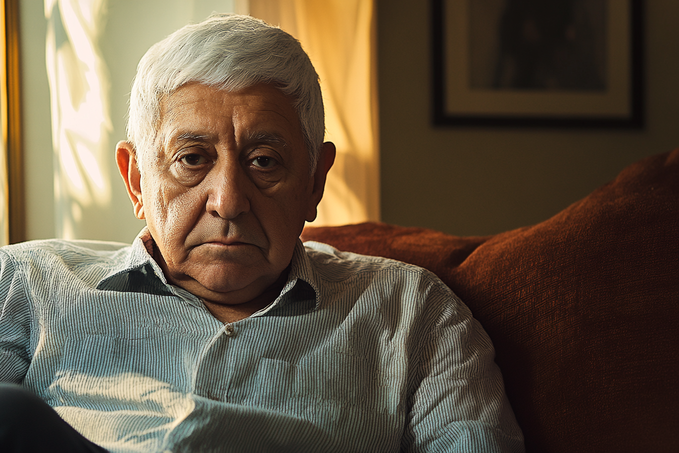 An older man sitting on a couch in deep thought | Source: Midjourney