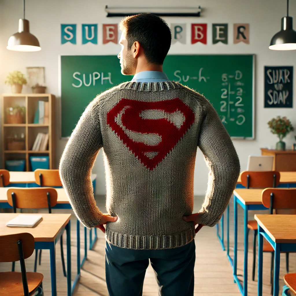 A teacher in a hand-knitted superhero sweater | Source: DALL-E