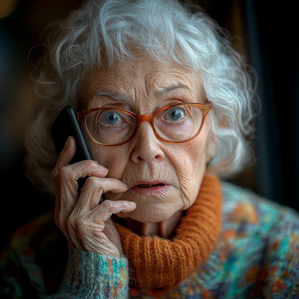 A scared elderly woman talking on her phone | Source: Midjourney