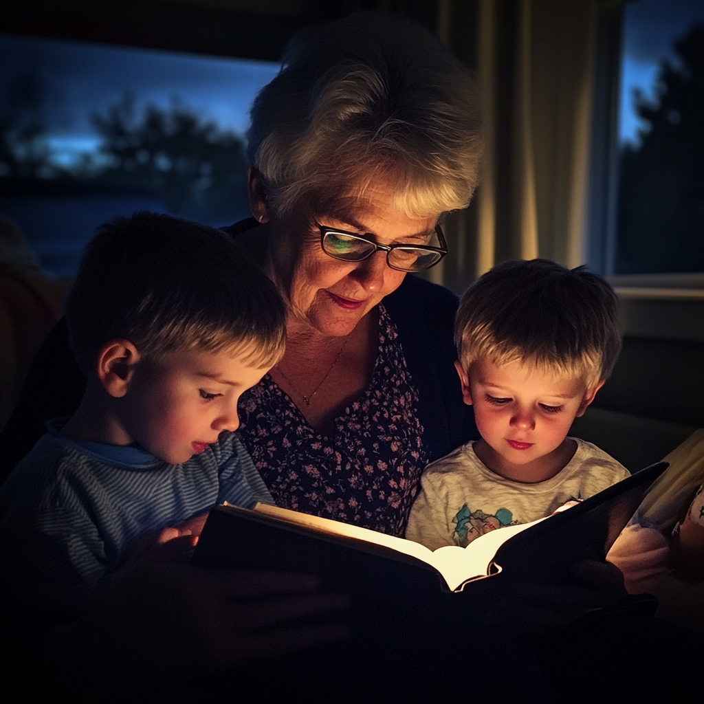 An older woman reading to her grandchildren | Source: Midjourney