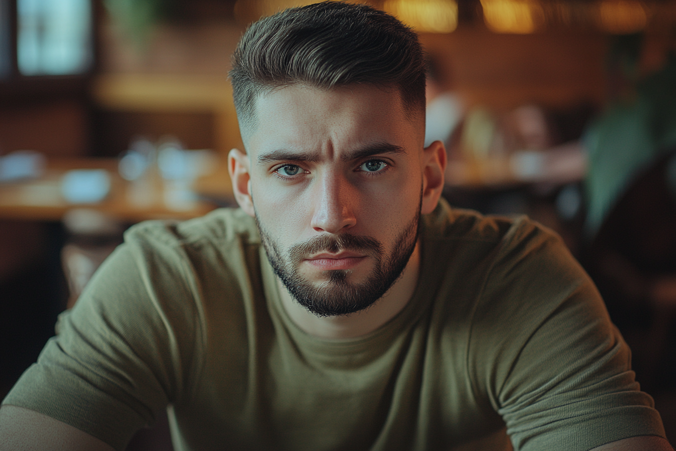 A man in a restaurant looking serious and straight ahead | Source: Midjourney