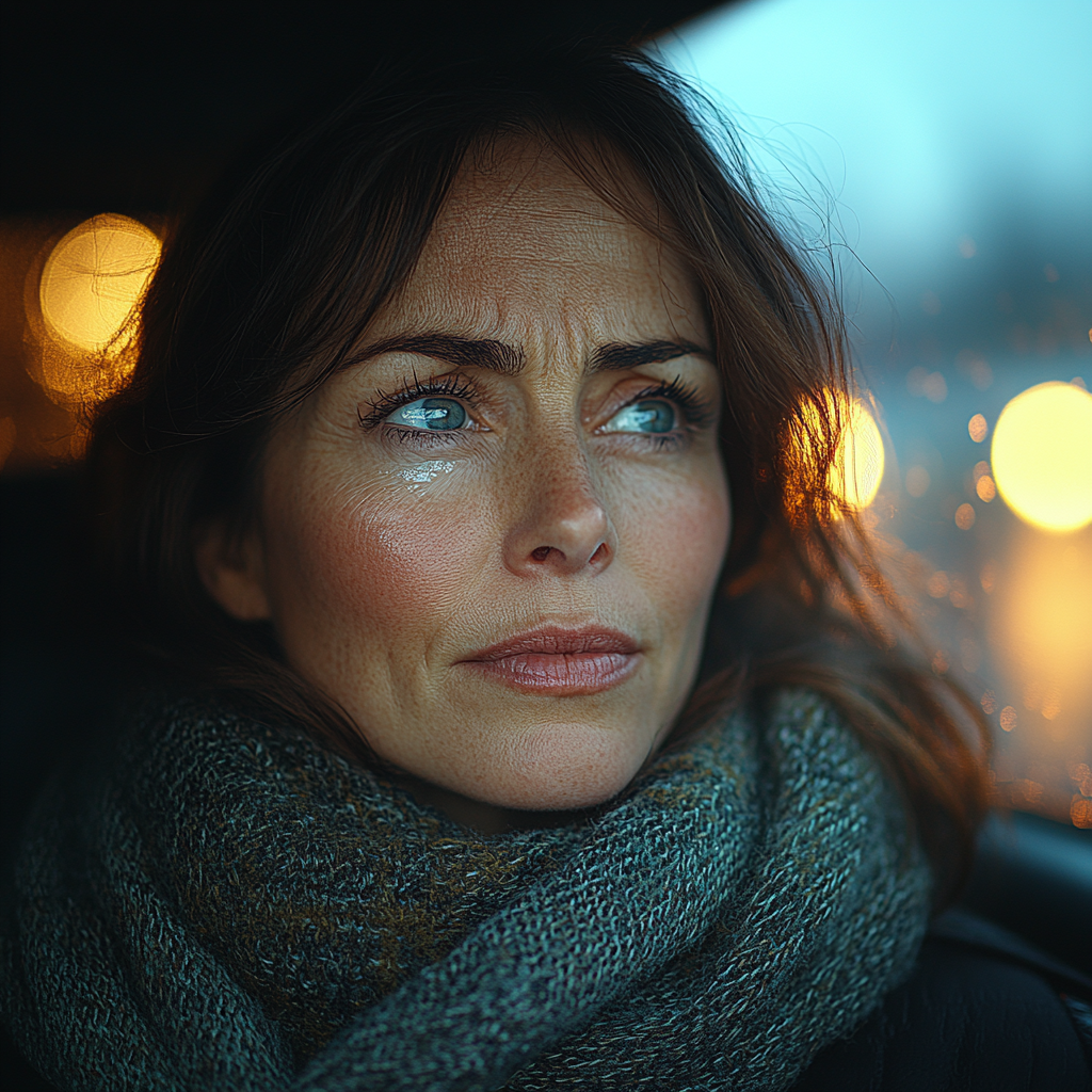 Sad woman in her car | Source: Midjourney