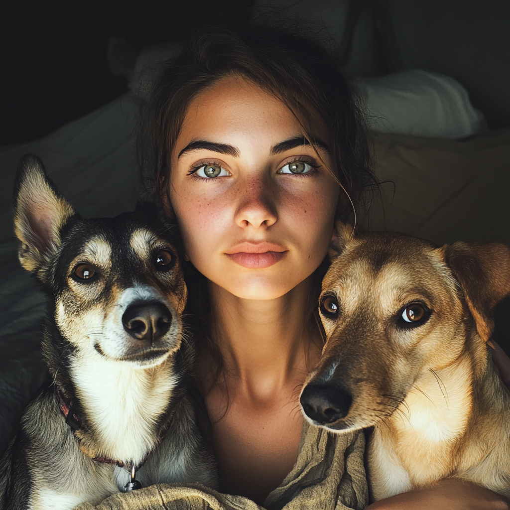 A young woman with two dogs | Source: Midjourney