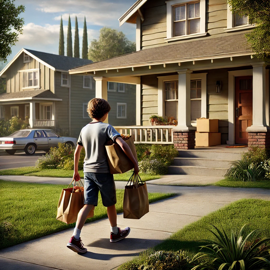 A teenager carrying groceries into a house | Source: DALL-E