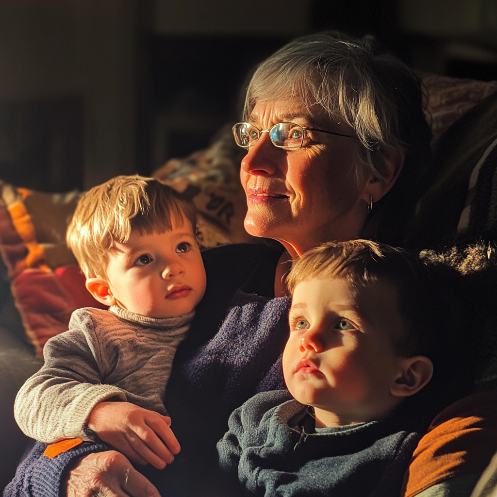 An older woman sitting with her grandchildren | Source: Midjourney