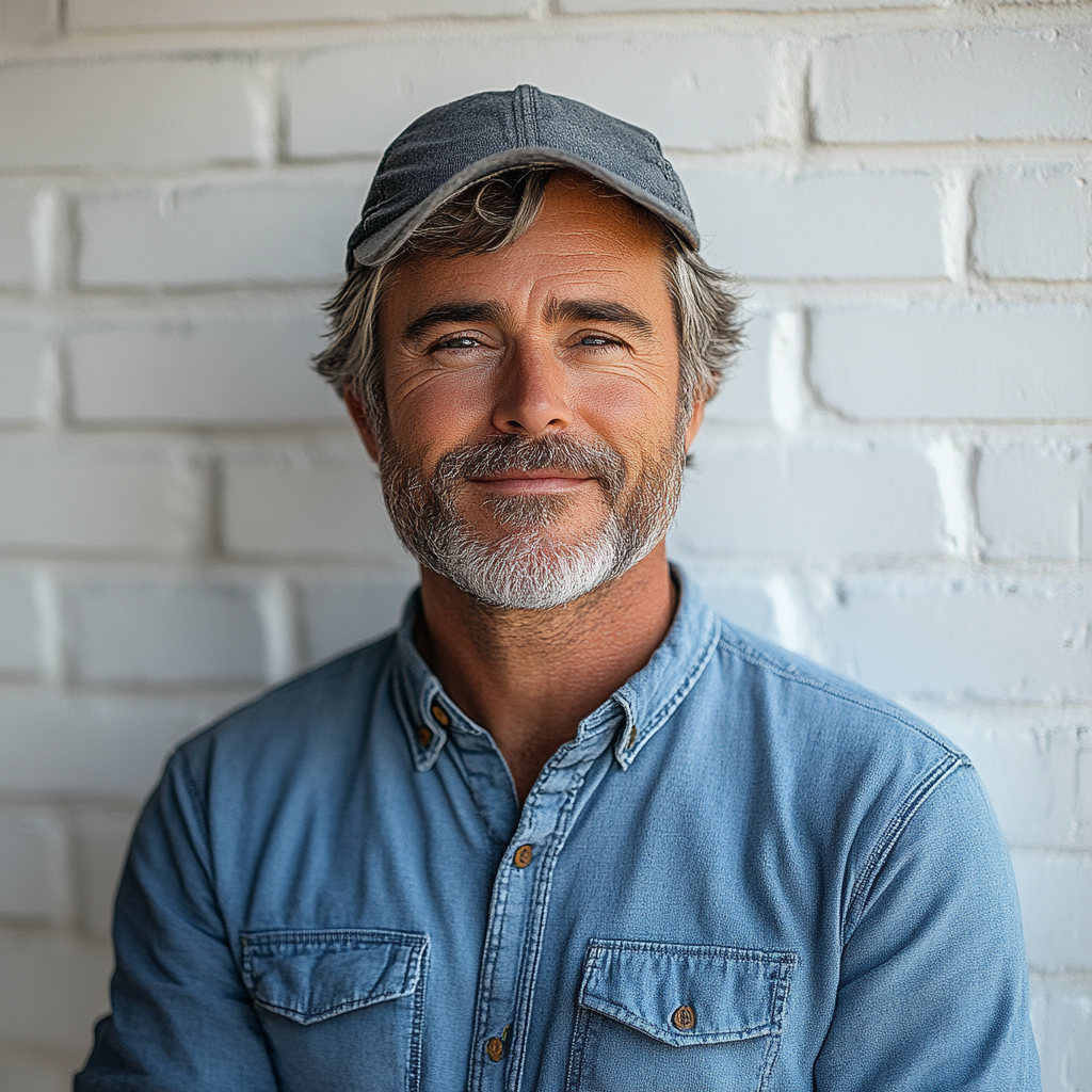 A middle-aged man posing in front of the white wall | Source: Midjourney