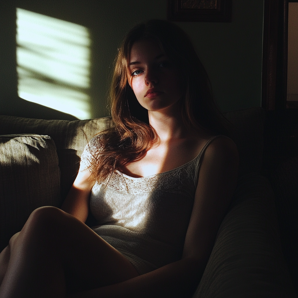 A young woman sitting on a couch at night | Source: Midjourney