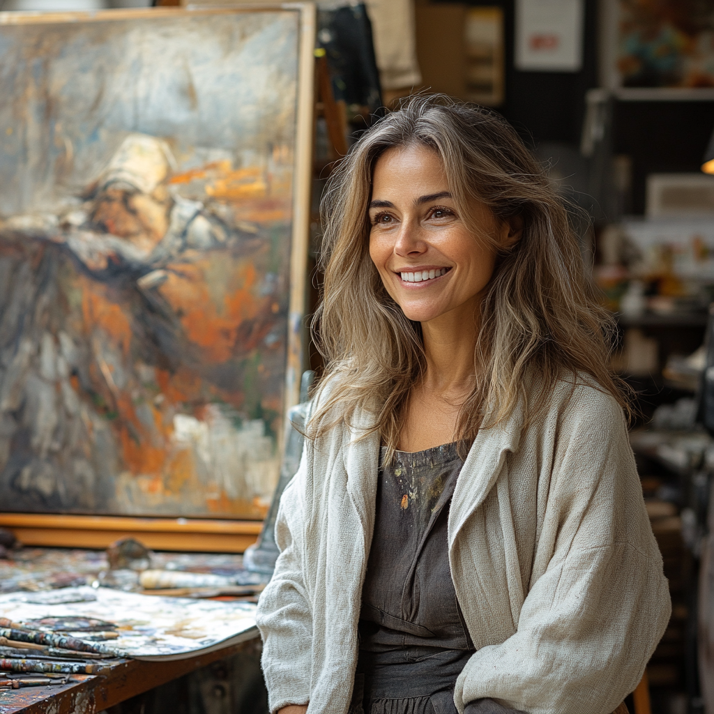 A painter smiling in her studio | Source: Midjourney