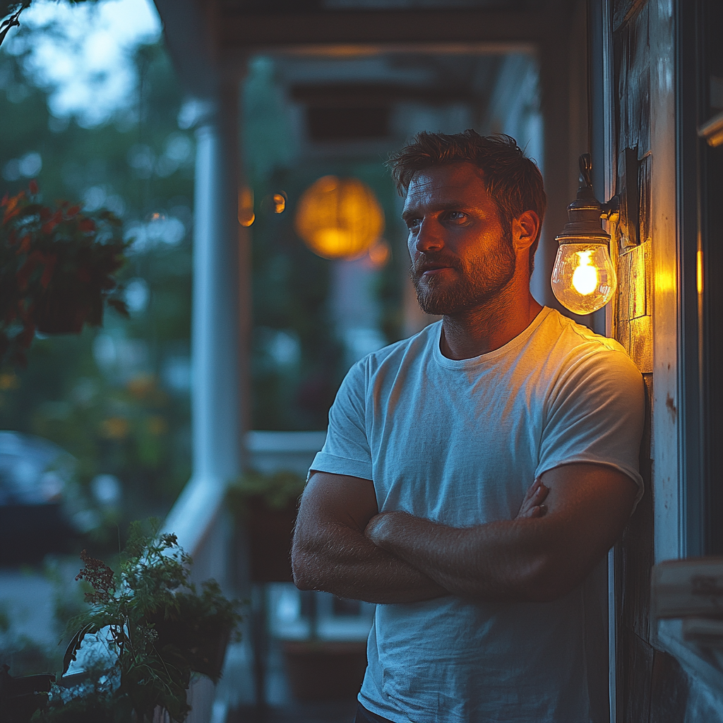 Man speaking in front of locked door | Source: Midjourney