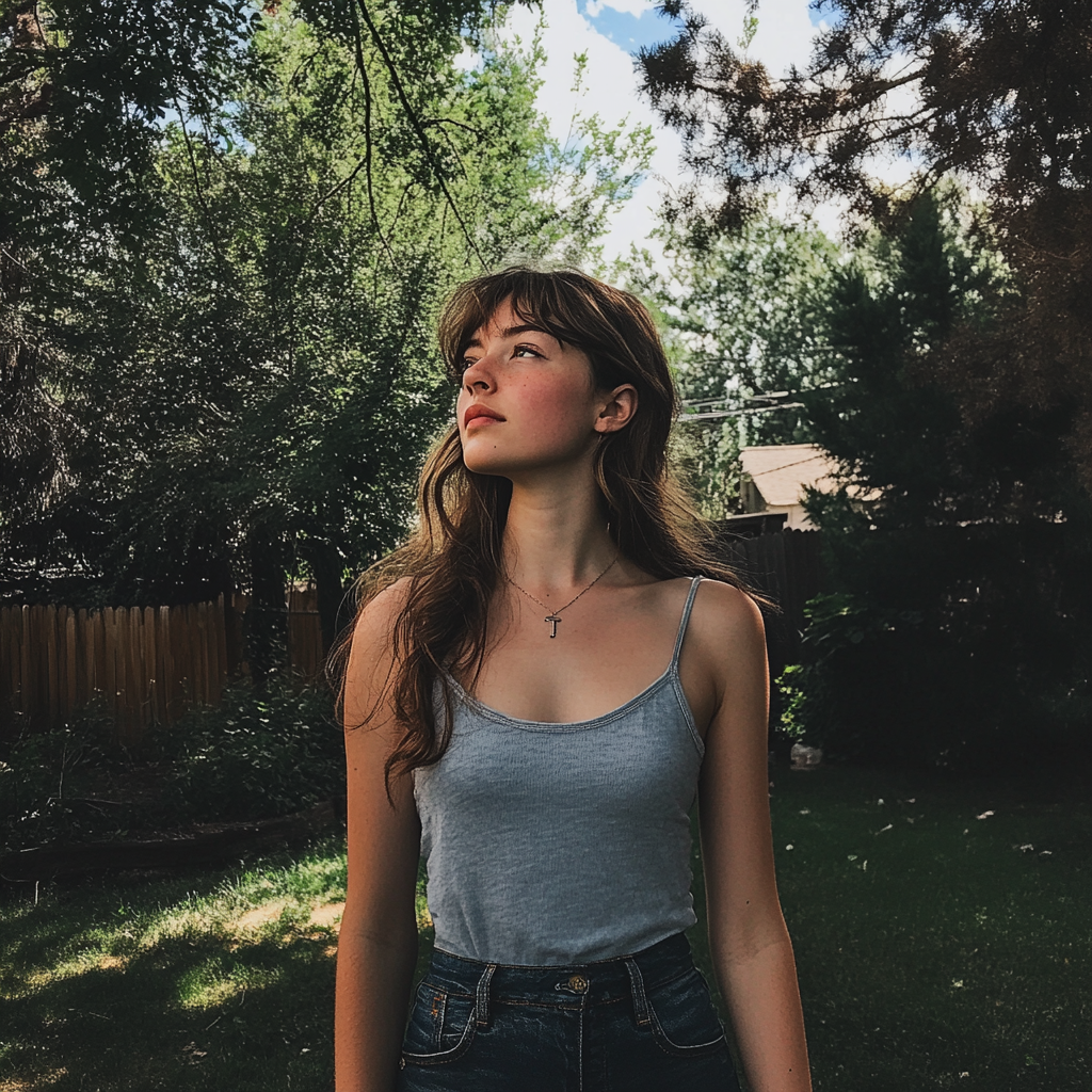 A young woman standing in her backyard | Source: Midjourney