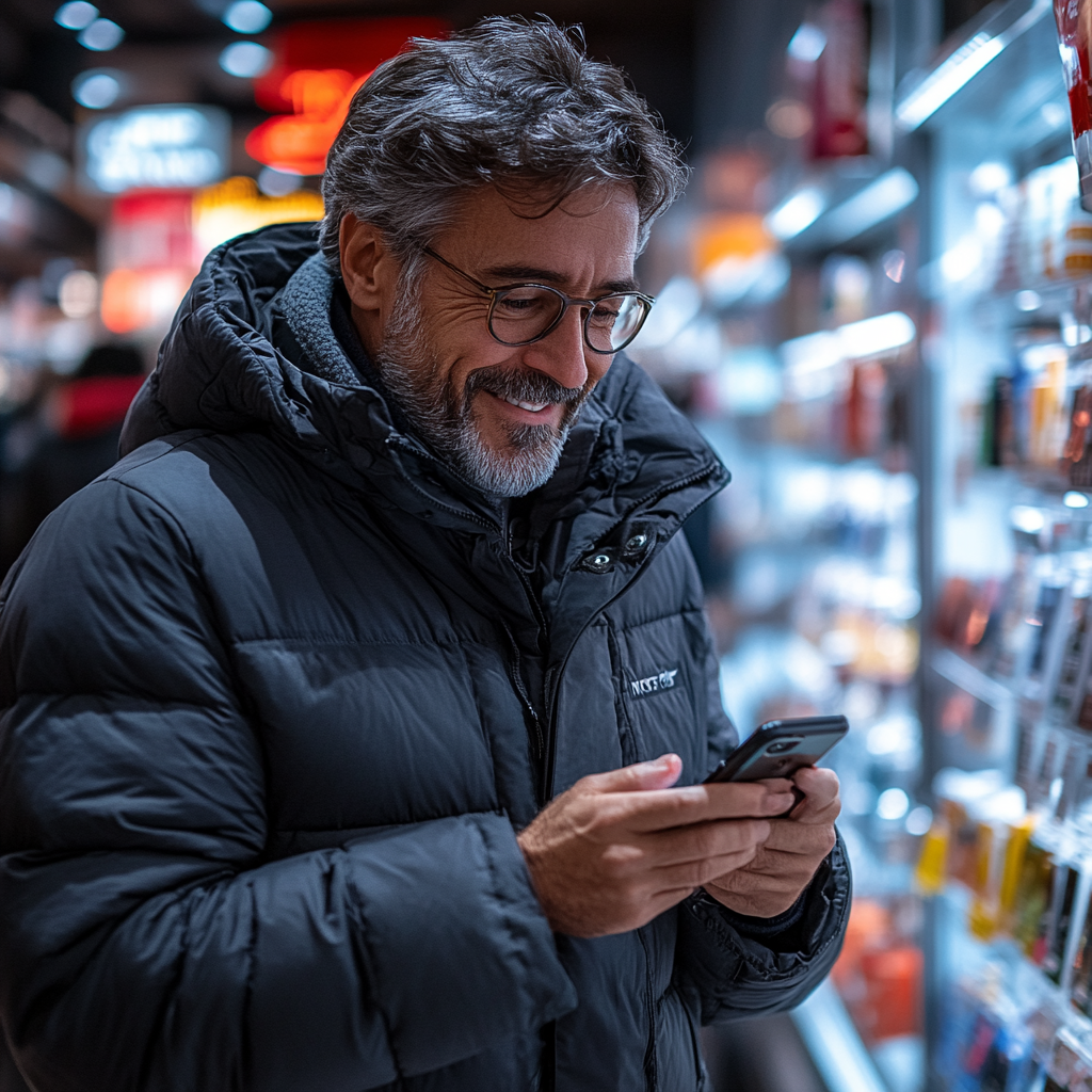 A happy middle-aged man looks into his phone | Source: Midjourney